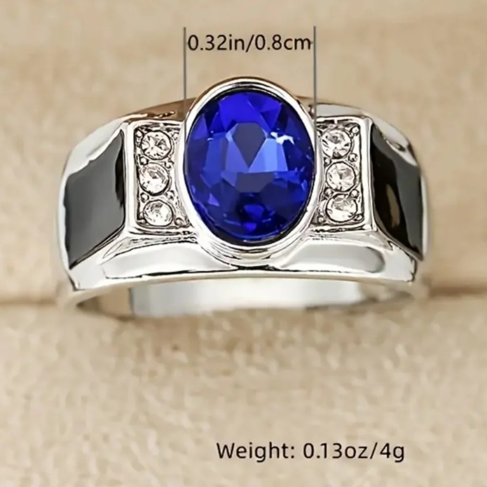 Elegant Silvery and Blue Men's Gemstone Ring Sz 8